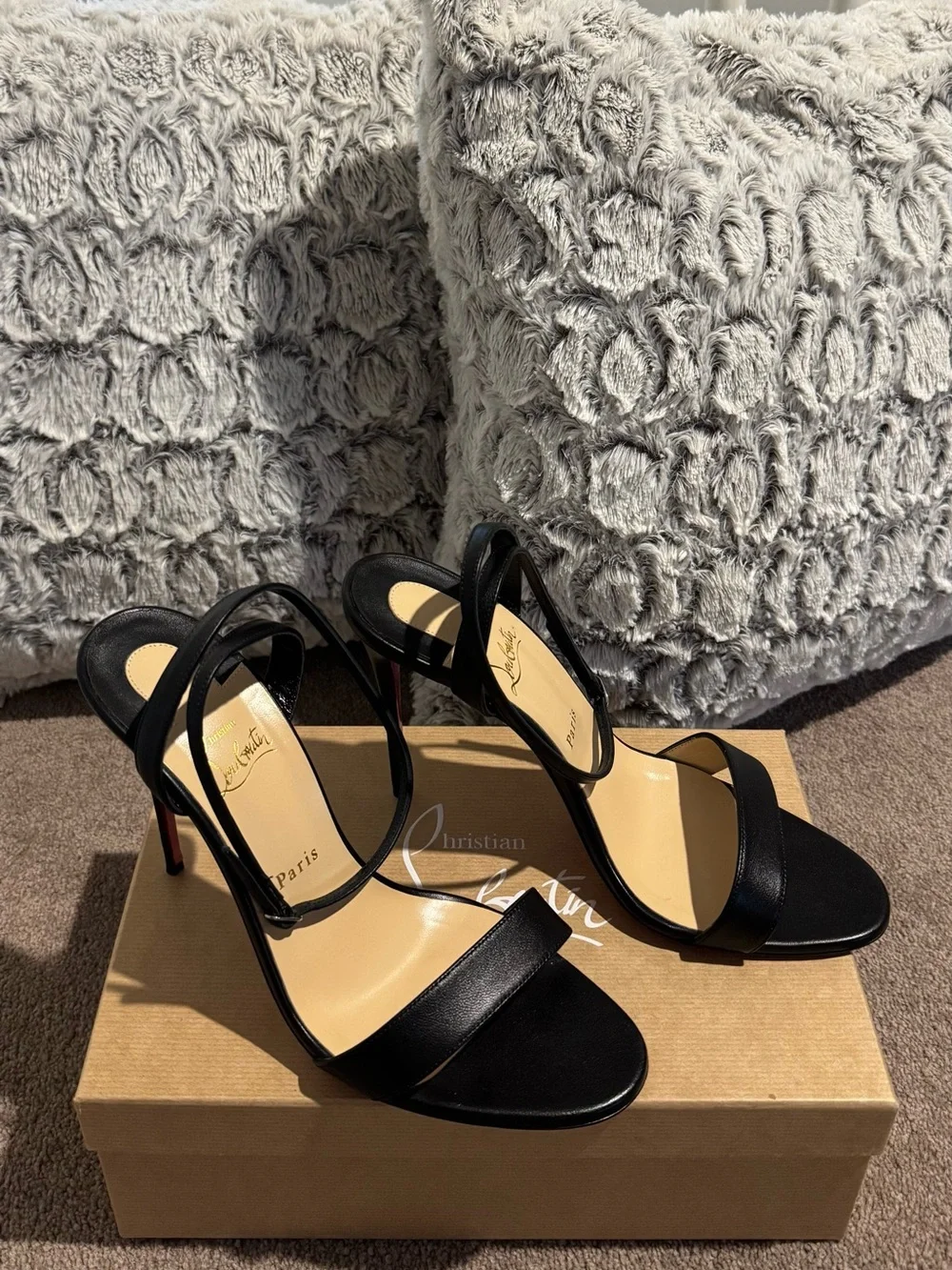 Christian Louboutin Black Patent Leather Strappy Slingback Heels with Red Soles
